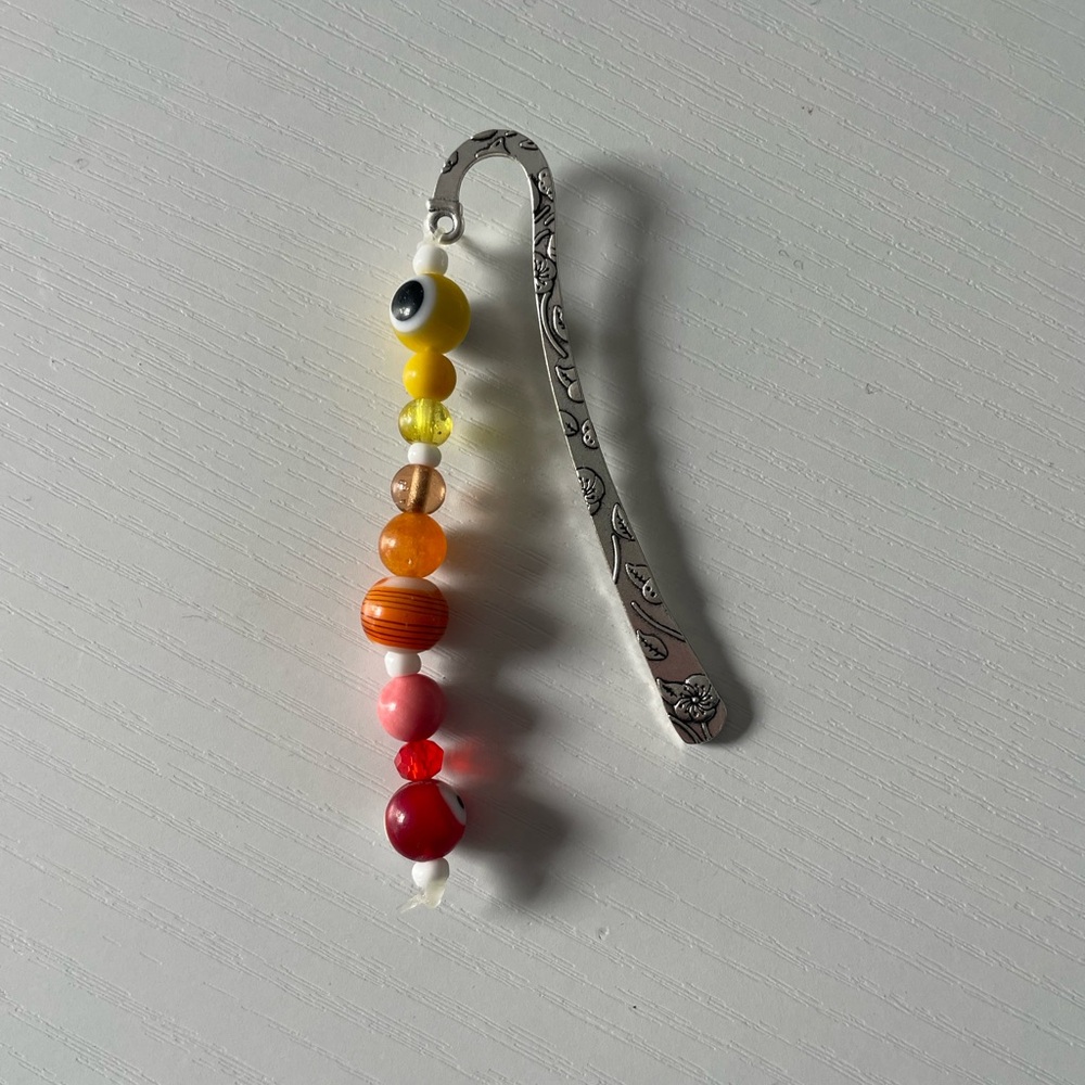 Handmade Yellow to Red Beaded Bookmark with Silver Hook